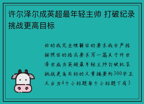 许尔泽尔成英超最年轻主帅 打破纪录挑战更高目标