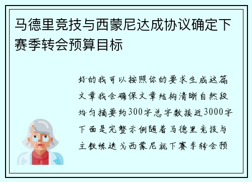 马德里竞技与西蒙尼达成协议确定下赛季转会预算目标